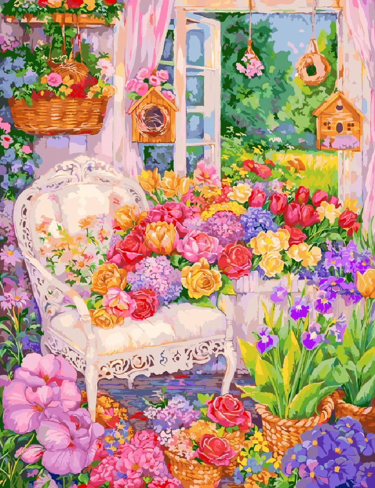 A painting depicting a room adorned with vibrant flowers and colorful birds, creating a lively and serene atmosphere.