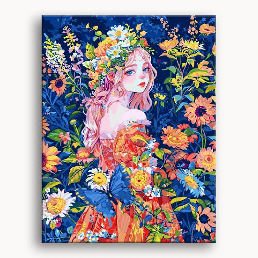 A painting depicting a girl adorned with vibrant flowers in her hair, exuding a sense of beauty and tranquility.