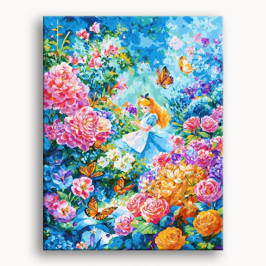 Depiction of Alice in "Alice in Wonderland," showcasing her blue dress and a fantastical, colorful setting.