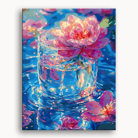 A painting featuring delicate pink flowers arranged in a clear glass of water.