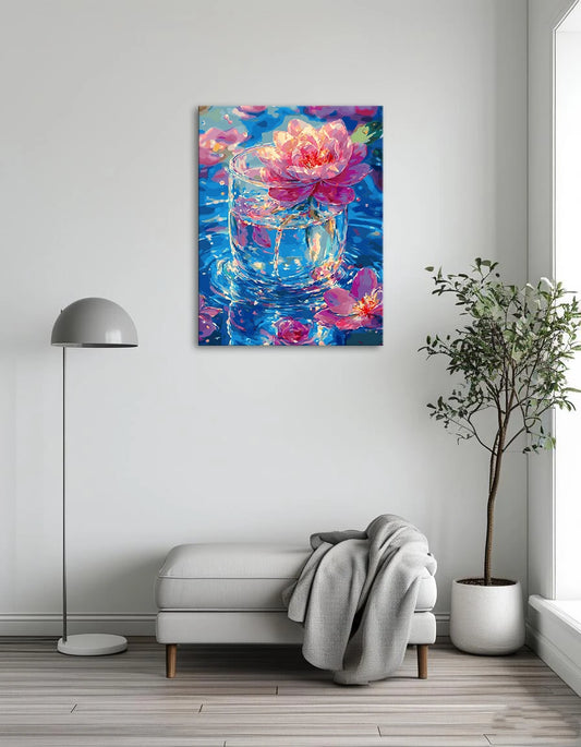 A painting featuring delicate pink flowers arranged in a clear glass of water.
