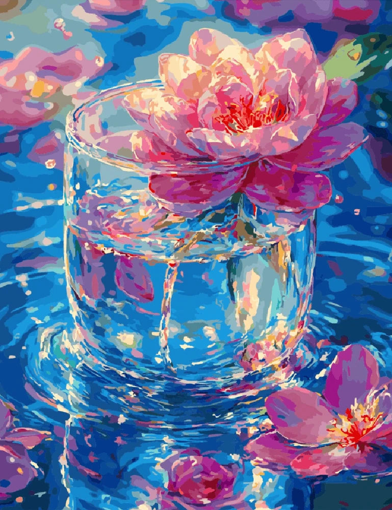 A painting featuring delicate pink flowers arranged in a clear glass of water.