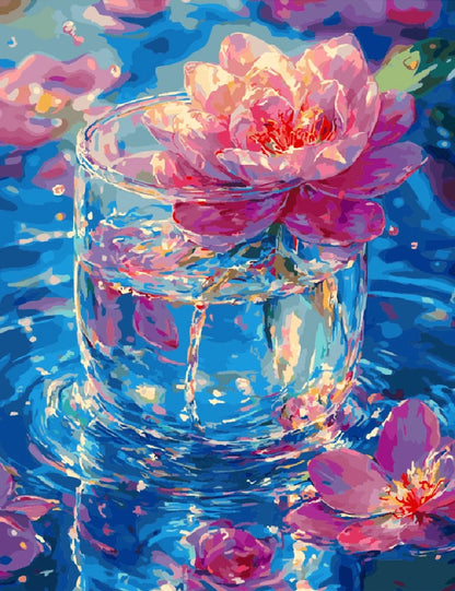 A painting featuring delicate pink flowers arranged in a clear glass of water.
