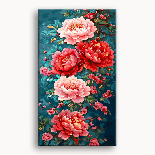 A vibrant painting of colorful flowers set against a serene blue background.