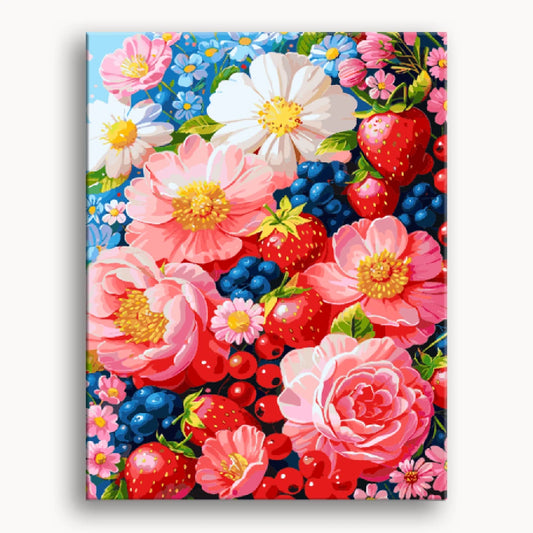 A vibrant painting featuring a variety of colorful flowers and ripe berries against a soft background.