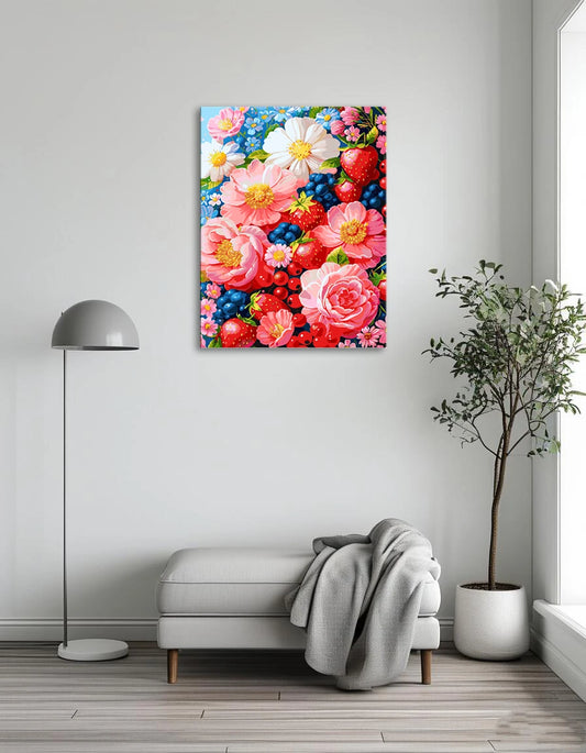 A vibrant painting featuring a variety of colorful flowers and ripe berries against a soft background.