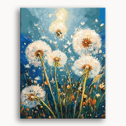 A vibrant painting of dandelions glowing in the sunlight, showcasing their delicate petals and bright yellow hues.
