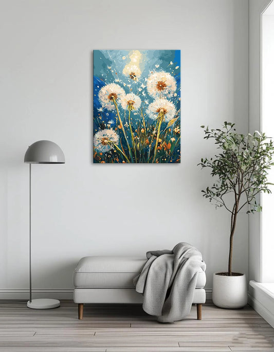 A vibrant painting of dandelions glowing in the sunlight, showcasing their delicate petals and bright yellow hues.