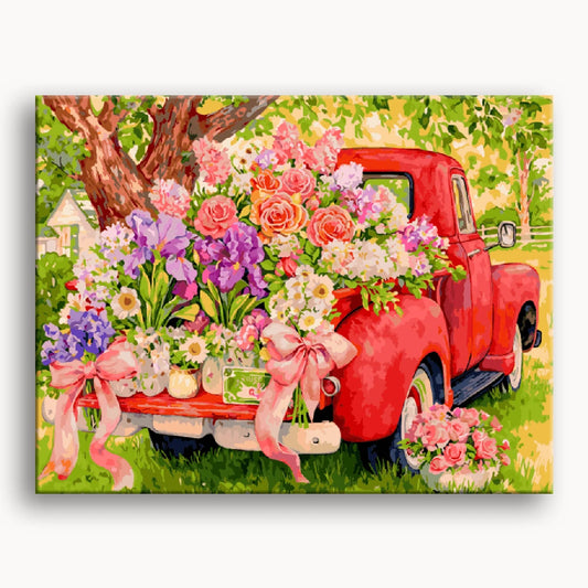 A vibrant painting of a red truck adorned with colorful flowers in the truck bed, set against a bright background.