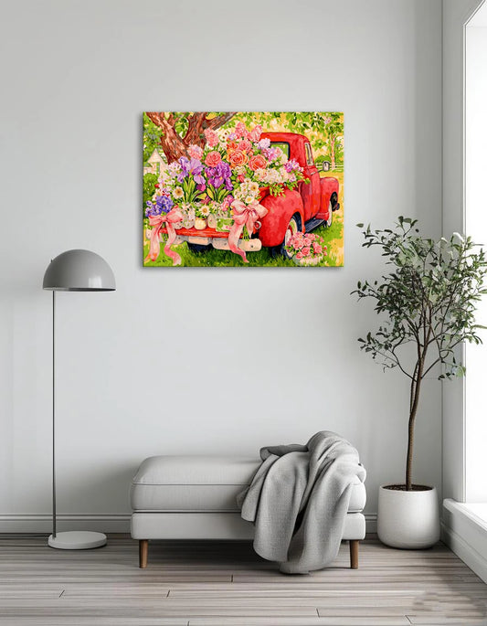 A vibrant painting of a red truck adorned with colorful flowers in the truck bed, set against a bright background.