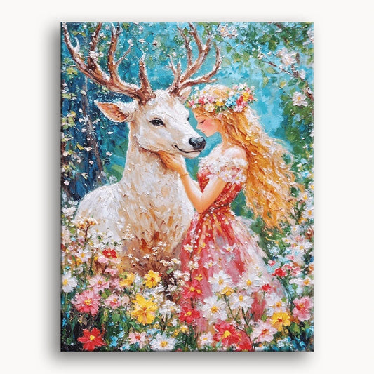 A painting depicting a girl and a deer peacefully interacting in a serene forest setting.