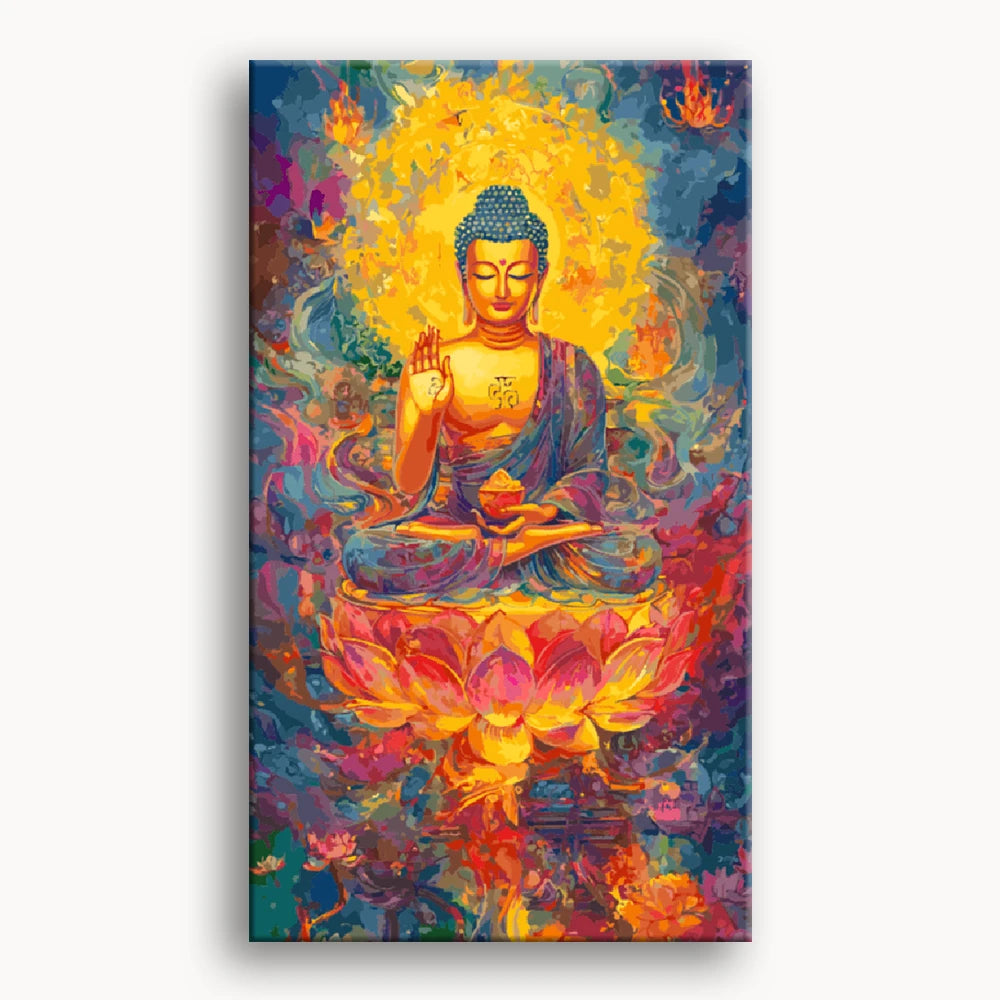 A serene painting of Buddha seated on a lotus flower, symbolizing purity and enlightenment.
