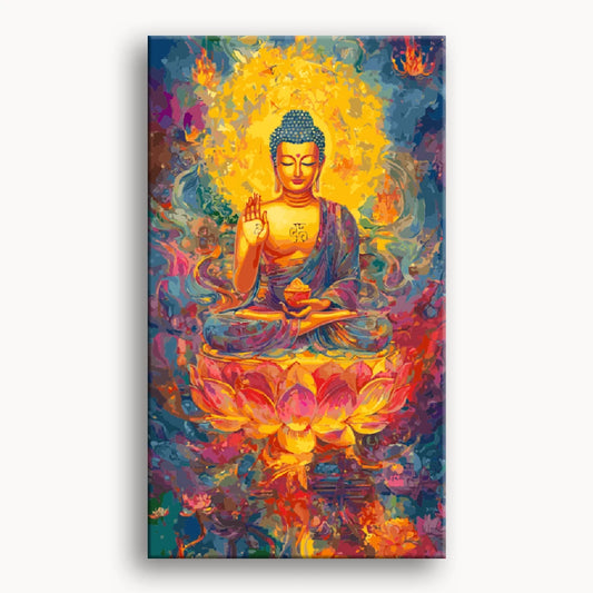 A serene painting of Buddha seated on a lotus flower, symbolizing purity and enlightenment.