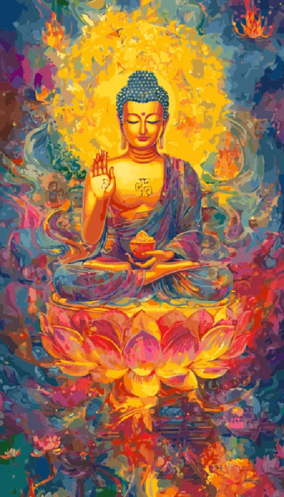 A serene painting of Buddha seated on a lotus flower, symbolizing purity and enlightenment.