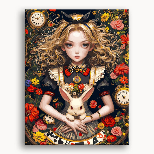 Kawaii-style illustration of Alice in Wonderland, featuring vibrant colors and whimsical characters in a fantastical setting.