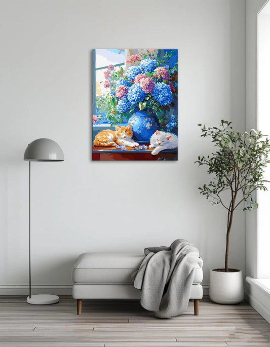 A colorful painting featuring two playful cats beside a vibrant vase of flowers.