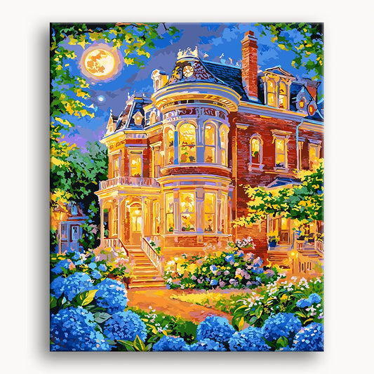 A painting of a grand mansion surrounded by vibrant flowers and twinkling lights, creating a charming evening scene.