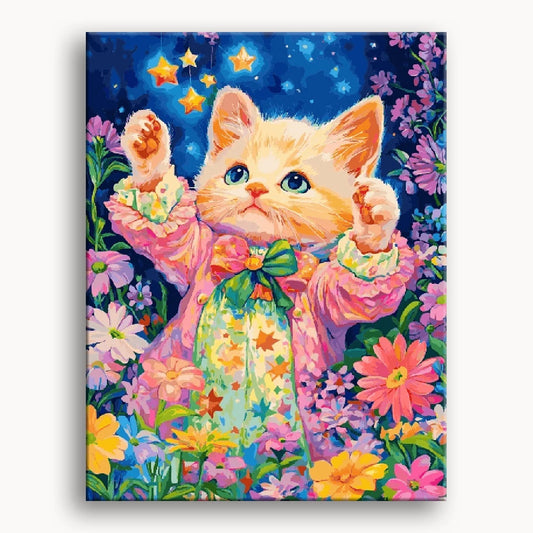 A whimsical painting of a kitten wearing a starry dress, showcasing its playful charm and adorable expression.