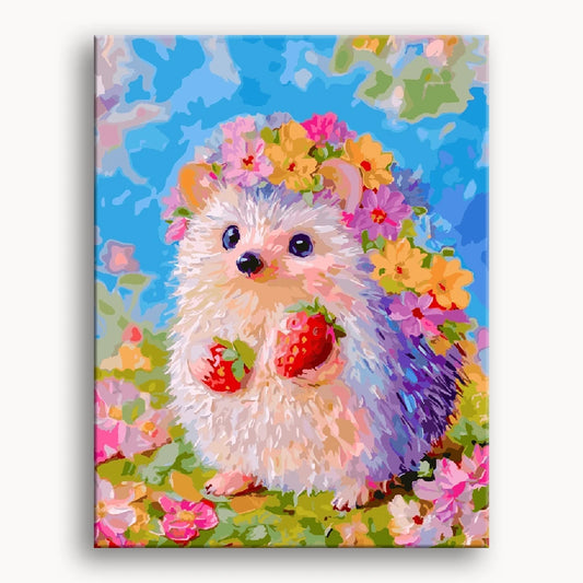 A hedgehog adorned with flowers on its head, holding a ripe strawberry in its paws.