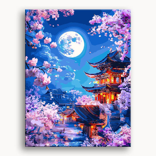 A serene painting of a pagoda surrounded by flowers, illuminated by soft moonlight.