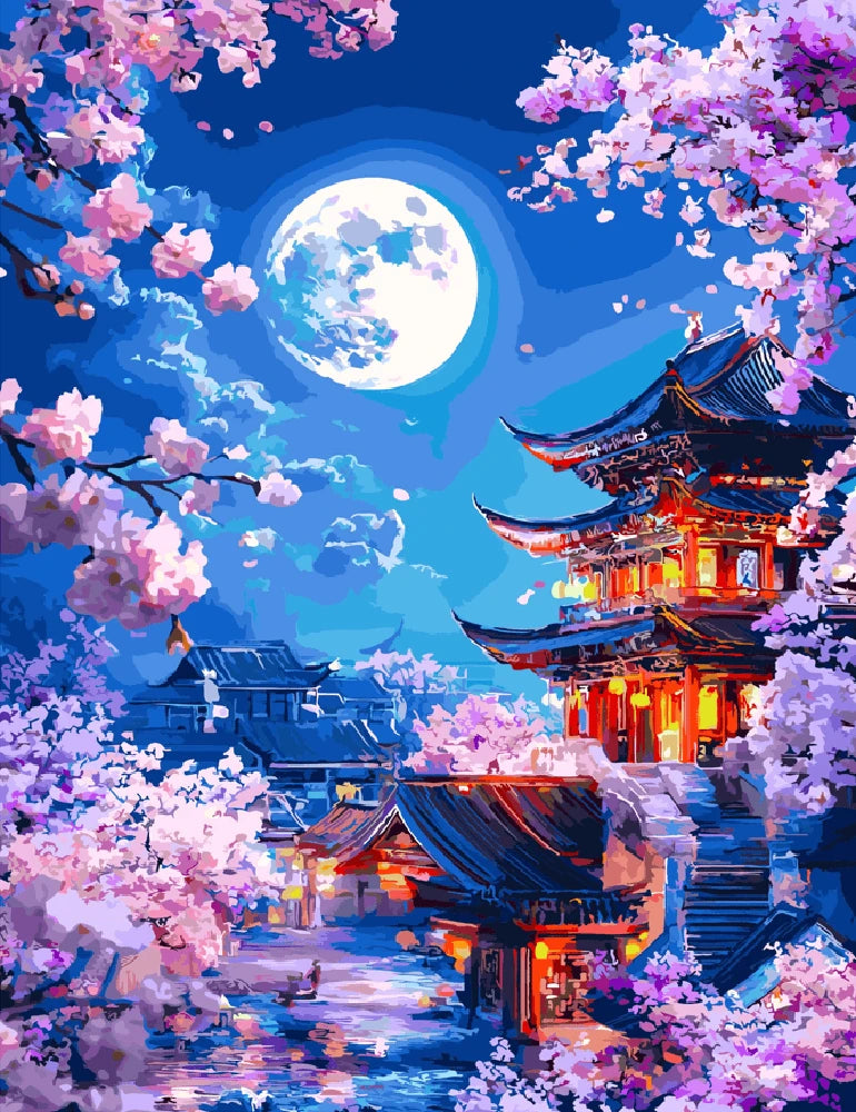 A serene painting of a pagoda surrounded by flowers, illuminated by soft moonlight.