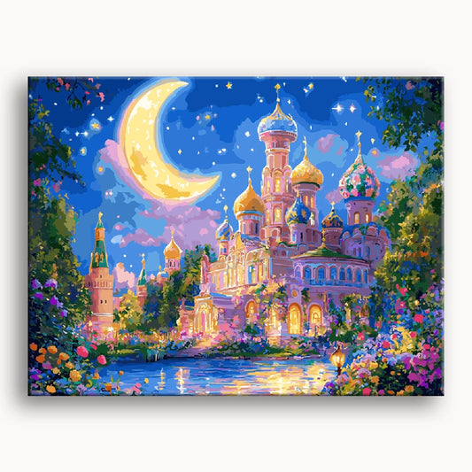 A night painting of a castle illuminated by a bright moon against a dark sky, creating a mystical atmosphere.