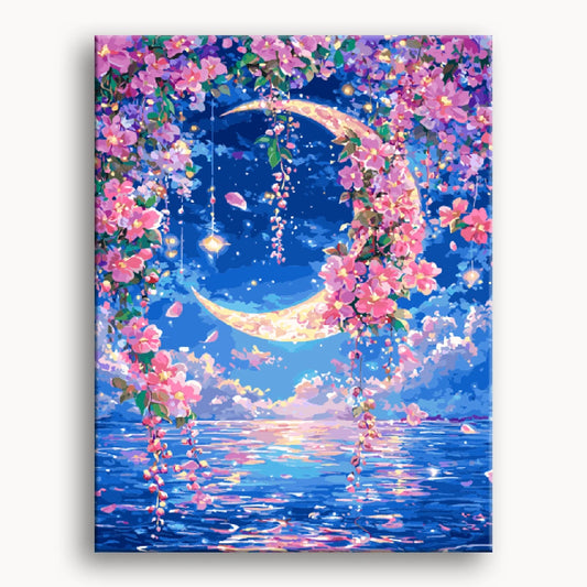 A serene scene of a full moon illuminating flowers by the sea, creating a tranquil atmosphere at night.
