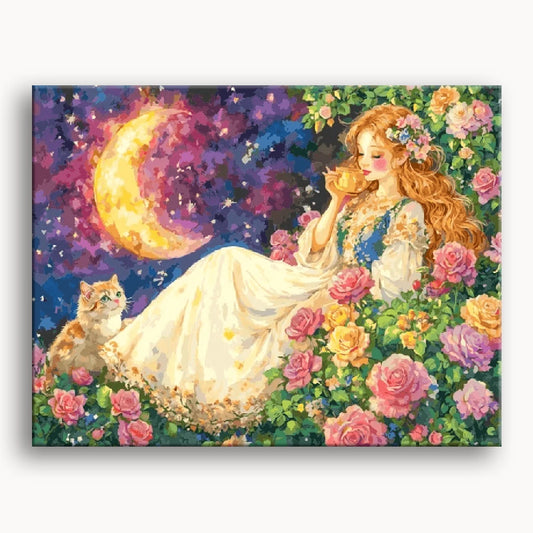 A painting depicting a woman in a dress beside a cat resting on a rose bush, showcasing vibrant colors and serene ambiance.