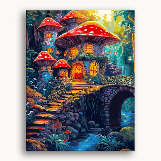An illustration of a whimsical mushroom house nestled among trees in a vibrant forest setting.