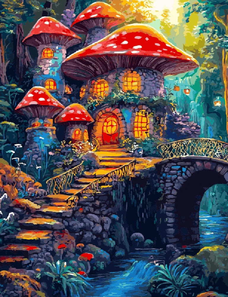 An illustration of a whimsical mushroom house nestled among trees in a vibrant forest setting.