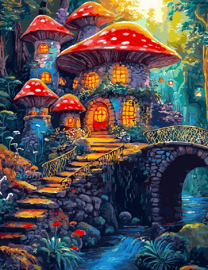 An illustration of a whimsical mushroom house nestled among trees in a vibrant forest setting.