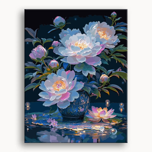 A vibrant painting of assorted flowers in a decorative vase, showcasing a burst of colors and textures.