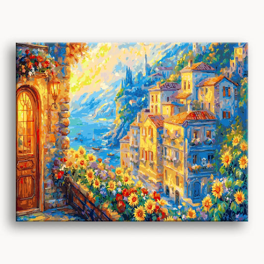 A painting depicting a house surrounded by colorful flowers, featuring a welcoming door at the front.