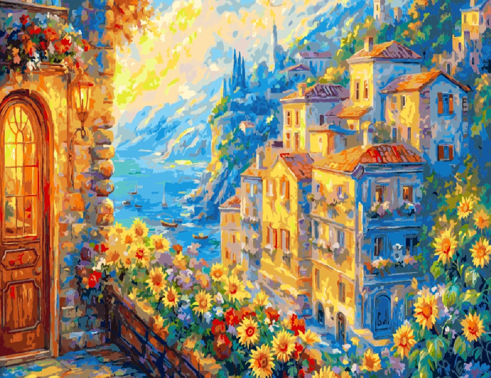 A painting depicting a house surrounded by colorful flowers, featuring a welcoming door at the front.