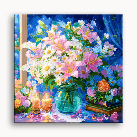 A vibrant painting featuring colorful flowers surrounded by softly glowing candles.