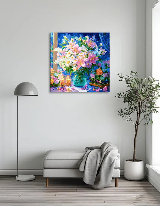 A vibrant painting featuring colorful flowers surrounded by softly glowing candles.