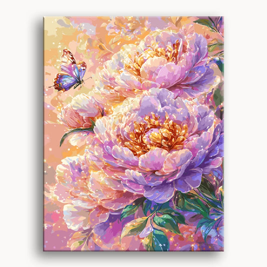 A vibrant painting featuring pink peonies surrounded by colorful butterflies in a lush garden setting.