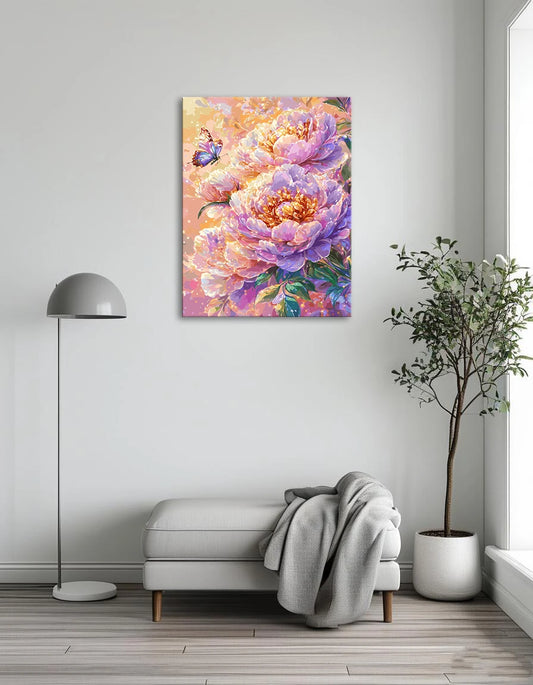 A vibrant painting featuring pink peonies surrounded by colorful butterflies in a lush garden setting.