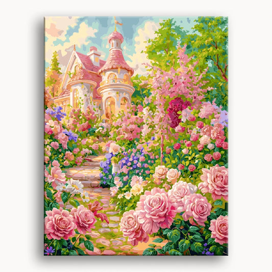 A painting depicting a house encircled by vibrant pink roses in full bloom.