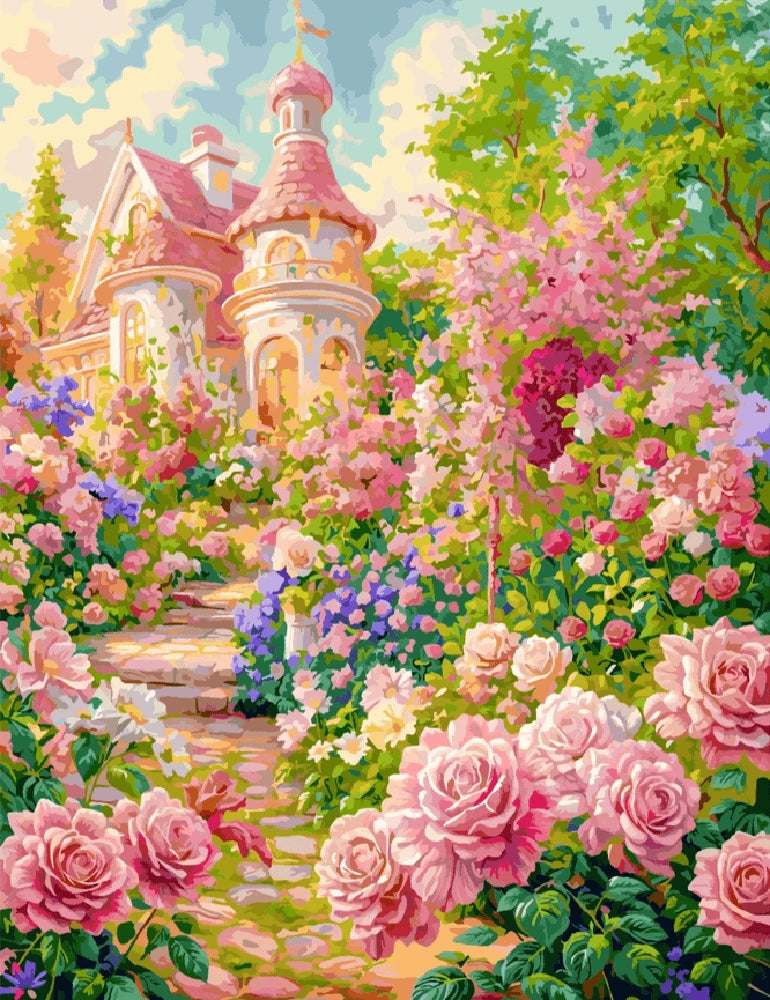 A painting depicting a house encircled by vibrant pink roses in full bloom.