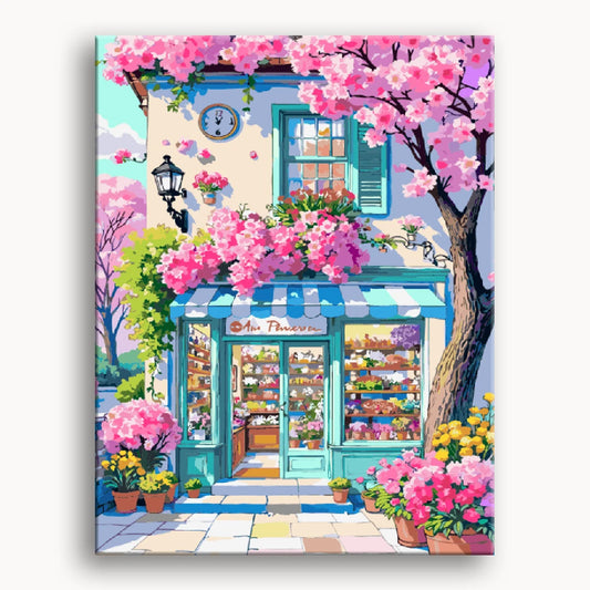 A vibrant painting of a flower shop filled with various pink flowers, showcasing a lively and colorful atmosphere.