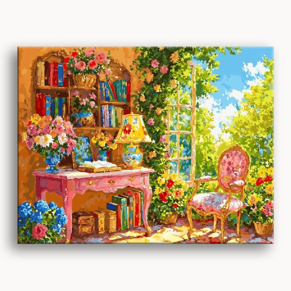 A painting depicting a cozy room adorned with vibrant flowers and a single chair, creating a serene atmosphere.