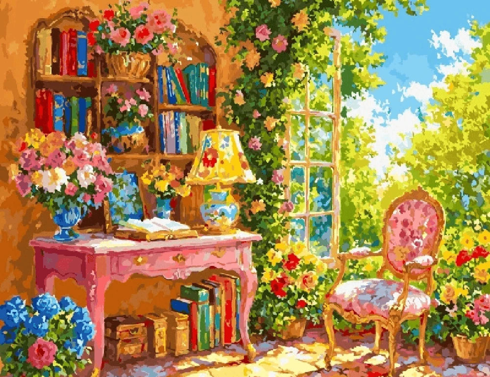 A painting depicting a cozy room adorned with vibrant flowers and a single chair, creating a serene atmosphere.
