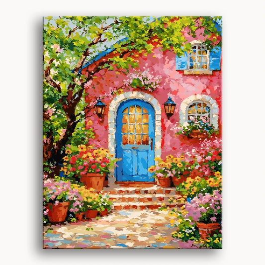 A painting of a charming house adorned with colorful flowers and featuring a bright blue door.