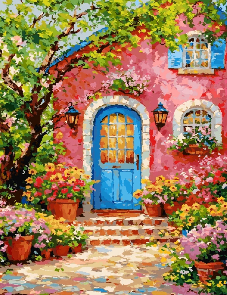 A painting of a charming house adorned with colorful flowers and featuring a bright blue door.