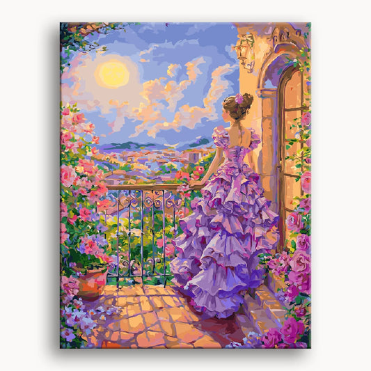 A painting of a woman in a purple dress gazing thoughtfully over a city skyline.