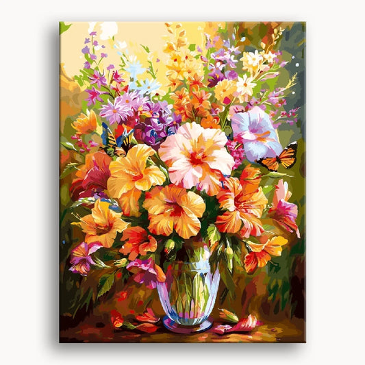 A vibrant painting of a vase filled with an assortment of colorful flowers.