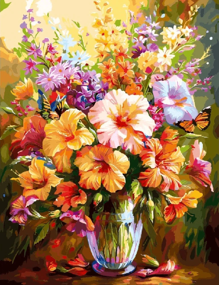 A vibrant painting of a vase filled with an assortment of colorful flowers.