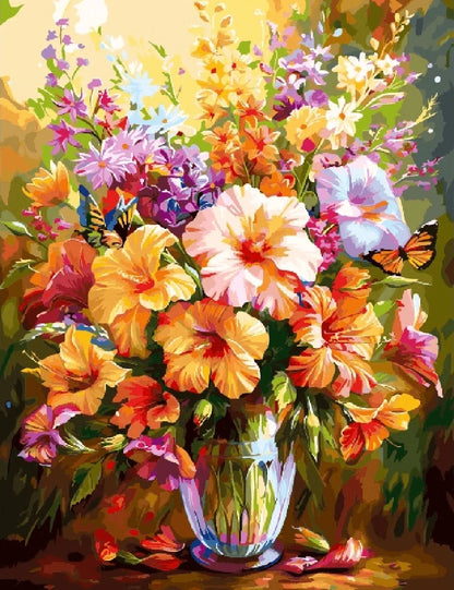 A vibrant painting of a vase filled with an assortment of colorful flowers.