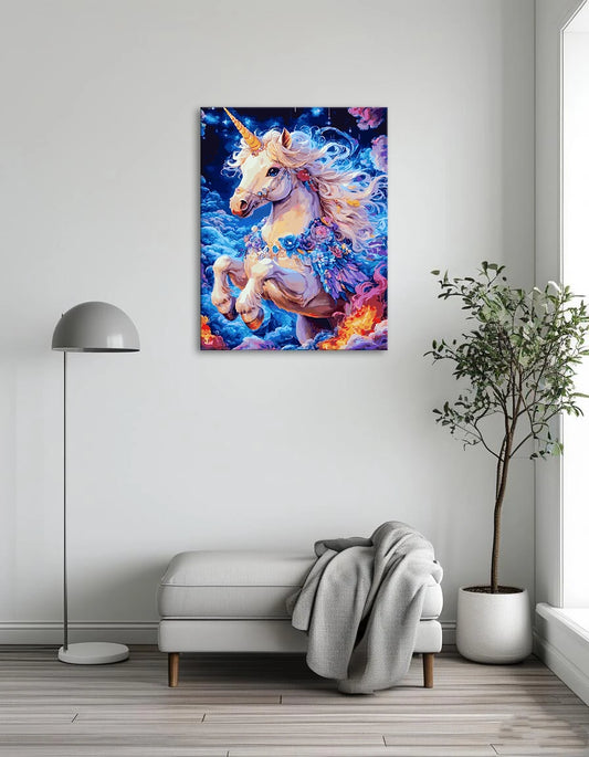 A whimsical unicorn floating in a bright blue sky, illustrated by Julia McCormick, surrounded by fluffy white clouds.
